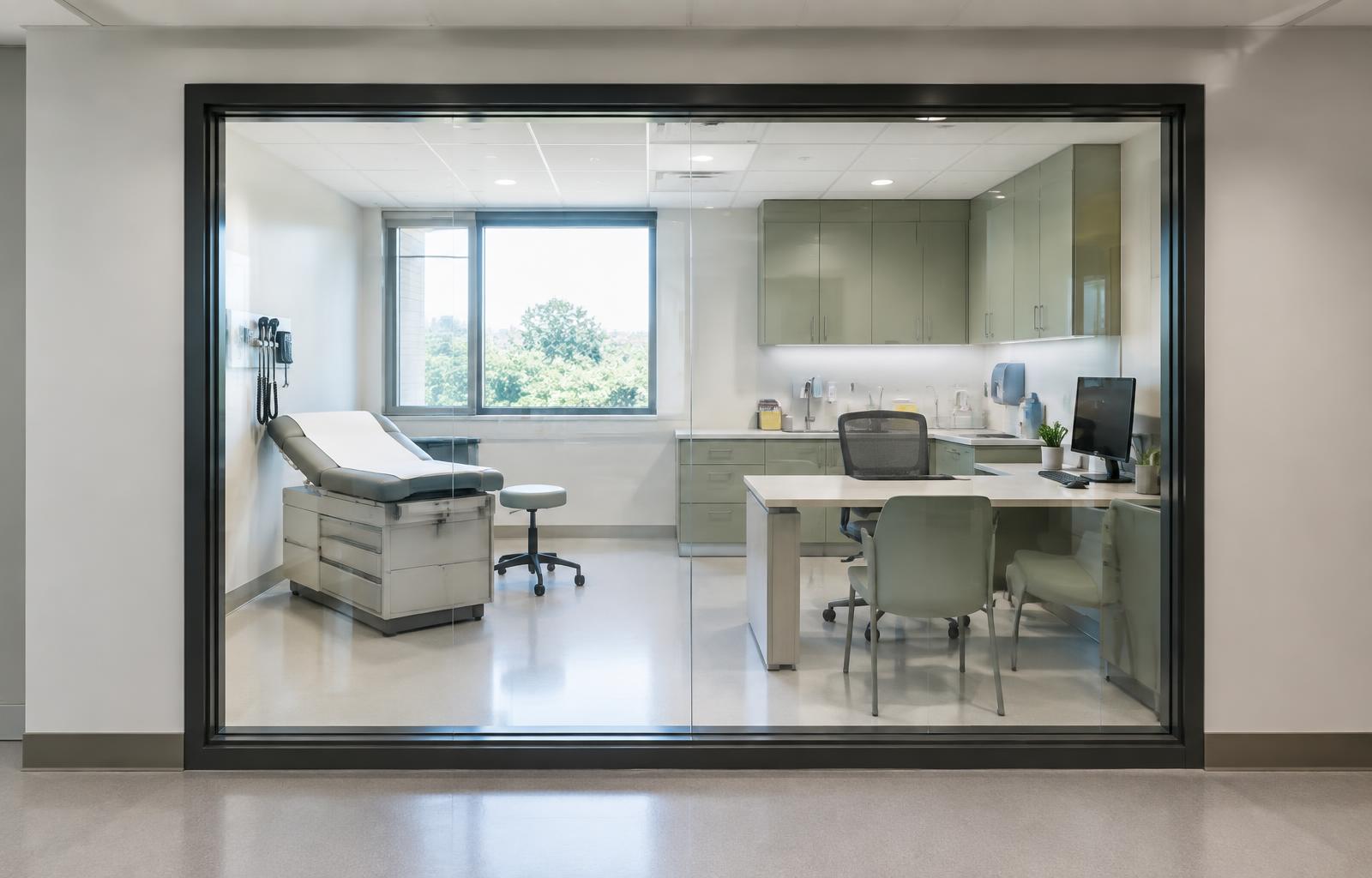Healthcare consultation room viewed from outside through framed smart glass