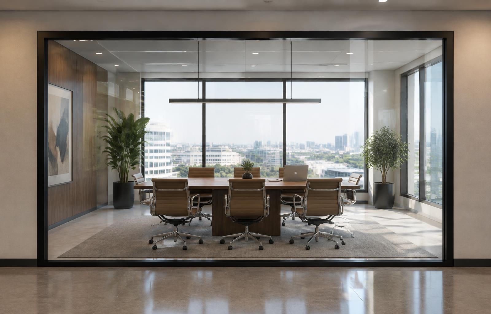 Office meeting room viewed from outside through framed smart glass